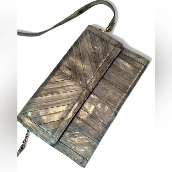 Vintage Grey/Gray Eel Skin, Snap closure Shoulder bag/Clutch made in Korea 1980s - Picture 9 of 11